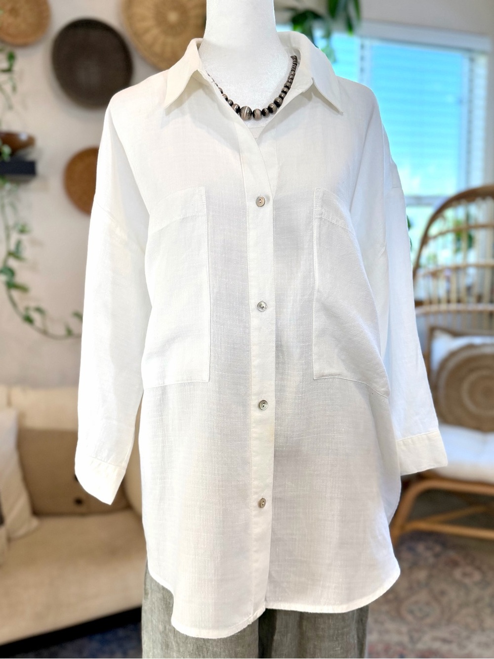 Eileen Fisher Top Linen Tencel White Collared Button Down Shirt Blouse Spring L - Picture 5 of 10